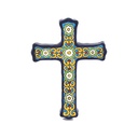 Croce in Ceramica con Rosoni Geometrici – Bordo Blu – Tecnica Cuerda Seca | 15,5 × 21 × 1,5 cm