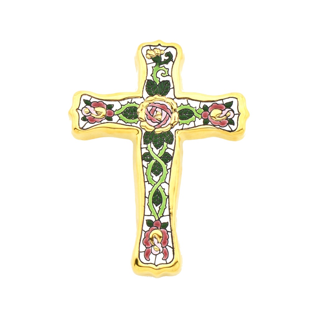 [38762] CROIX MODÈLE 1, croix décorative en céramique à pendre, peinte à la main avec la technique corde sèche (cuerda seca) OR  24 K (Carats). 12 cm x 15,5 cm x 1,5 cm