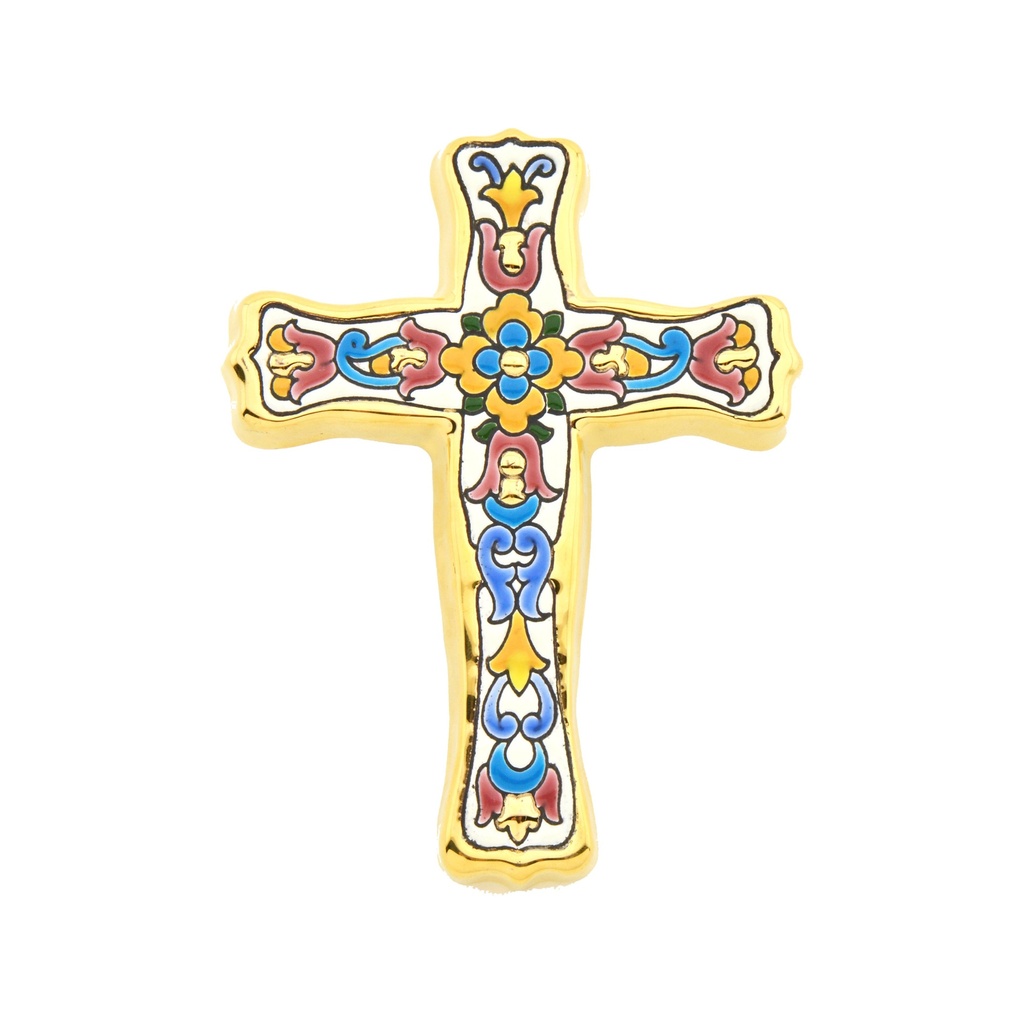 [38735] CRUZ MODELO 2, Cruz decorativa de cerámica para colgar pintada a mano con la técnica cuerda seca ORO DE LEY 24 K (Quilates). 12 cm x 15,5 cm x 1,5 cm