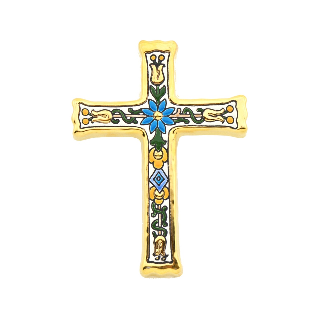 CROCE MODELLO 3, croce decorativa di ceramica da parete dipinto a mano con la tecnica "cuerda seca" ORO 24 K (Carati). 12 cm x 15,5 cm x 1,5 cm