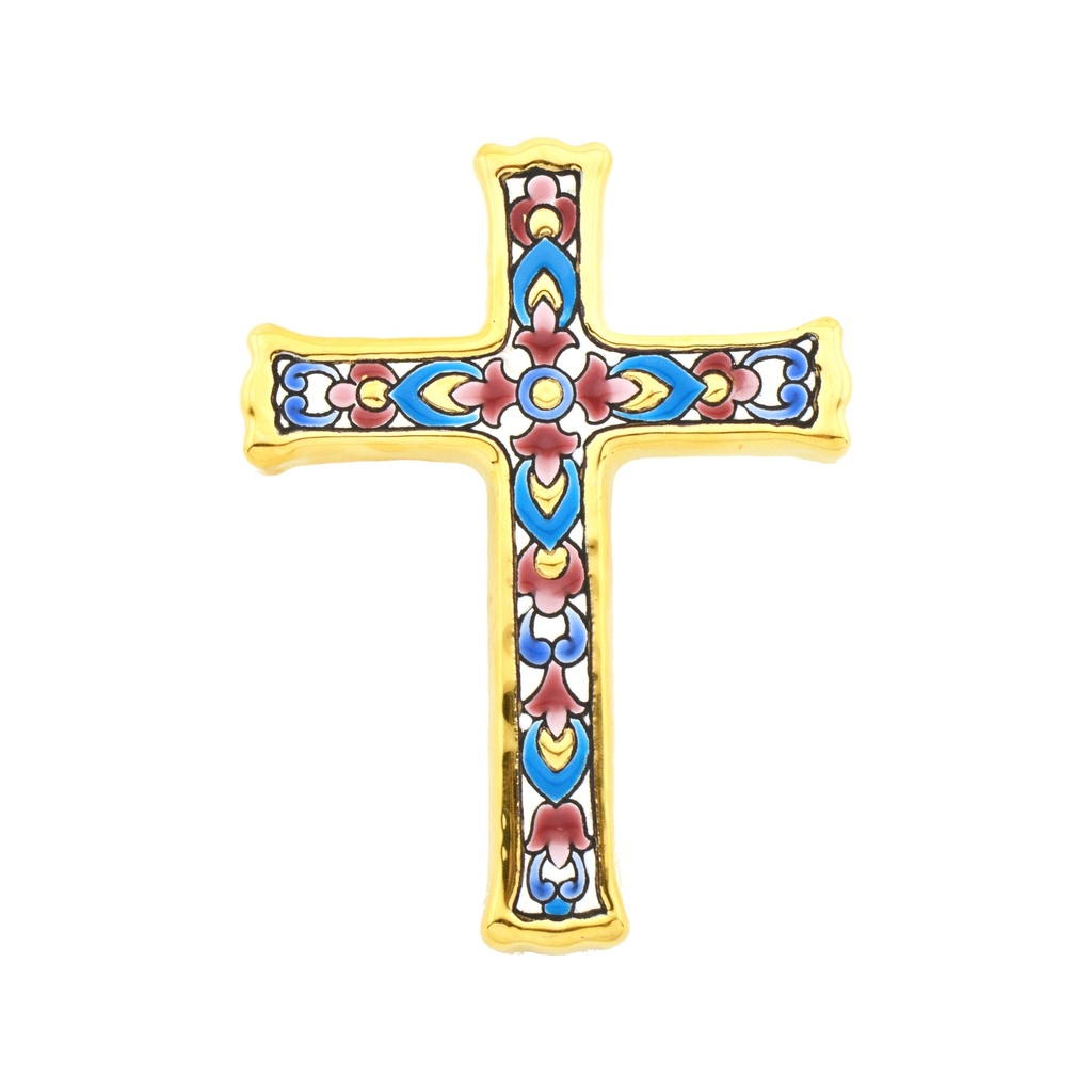 [38764] CRUZ MODELO 5, Cruz decorativa de cerámica para colgar pintada a mano con la técnica cuerda seca ORO DE LEY 24 K (Quilates). 12 cm x 15,5 cm x 1,5 cm