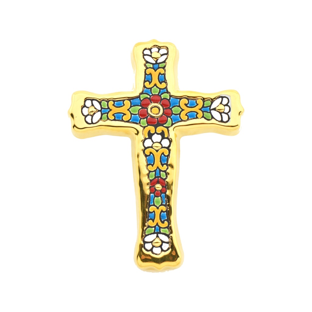 [38765] CRUZ MODELO 50, Cruz decorativa de cerámica para colgar pintada a mano con la técnica cuerda seca ORO DE LEY 24 K (Quilates). 12 cm x 15,5 cm x 1,5 cm