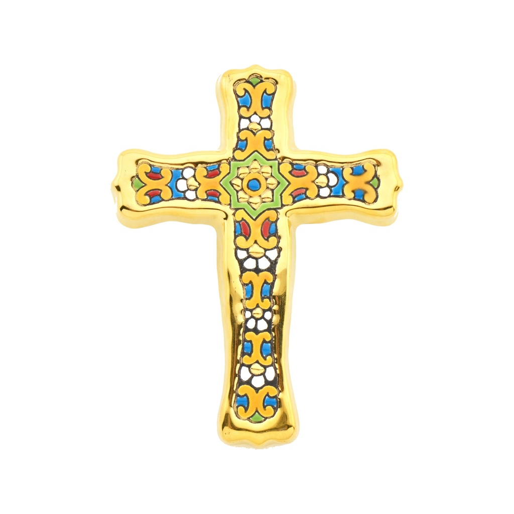 [38766] CROIX MODÈLE 54, croix décorative en céramique à pendre, peinte à la main avec la technique corde sèche (cuerda seca) OR  24 K (Carats). 12 cm x 15,5 cm x 1,5 cm