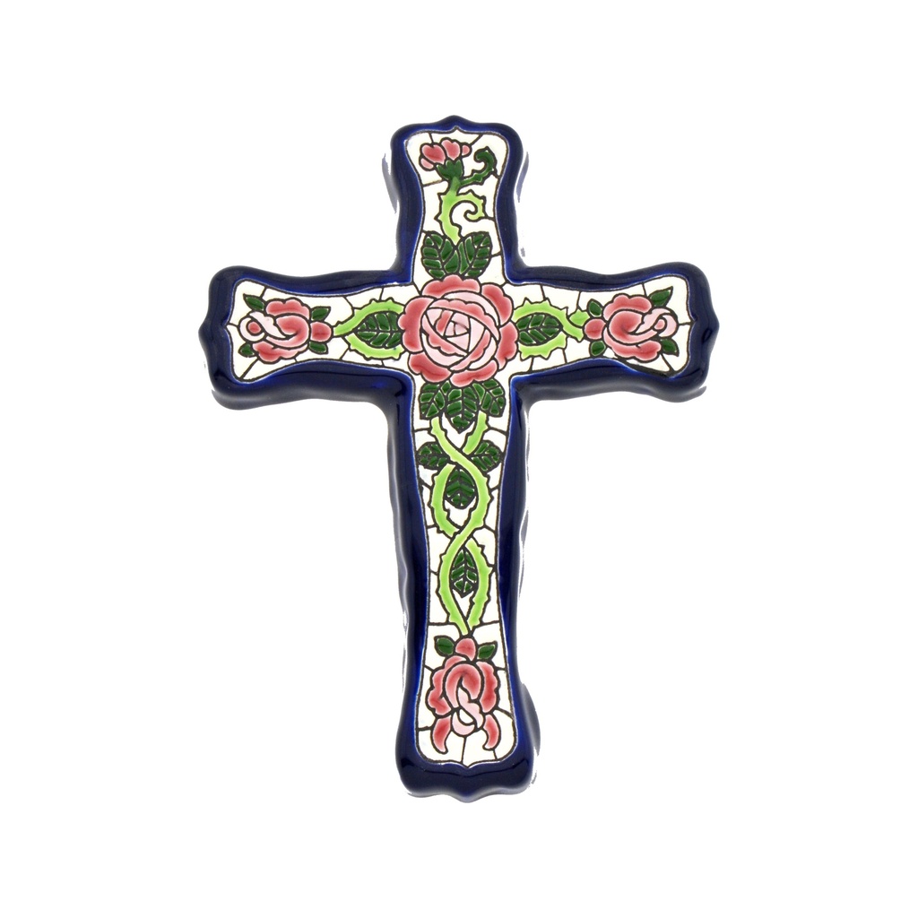 [38799] CROIX MODÈLE 05, croix décorative en céramique à pendre, peinte à la main avec la technique corde sèche (cuerda seca) BLEU. 12 cm x 15,5 cm x 1,5 cm