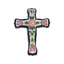 Ceramic Cross with Pink Roses – Blue Cuerda Seca Technique | 12 × 15.5 × 1.5 cm