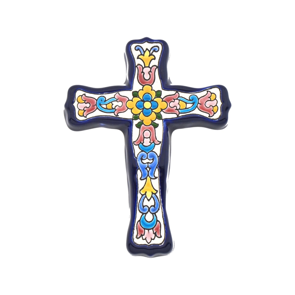 [38800] CRUZ MODELO 06 Cruz decorativa de cerámica para colgar pintada a mano con la técnica cuerda seca AZUL. 12 cm x 15,5 cm x 1,5 cm