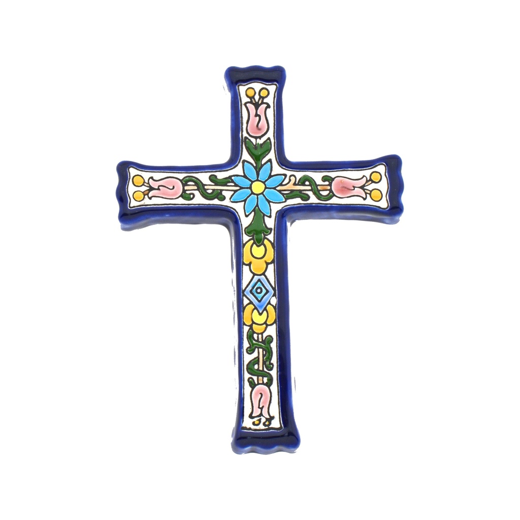 CREU MODEL 07, creu decorativa de ceràmica per a penjar pintada a mà amb la tècnica corda seca BLAU. 12 cm x 15,5 cm x 1,5 cm