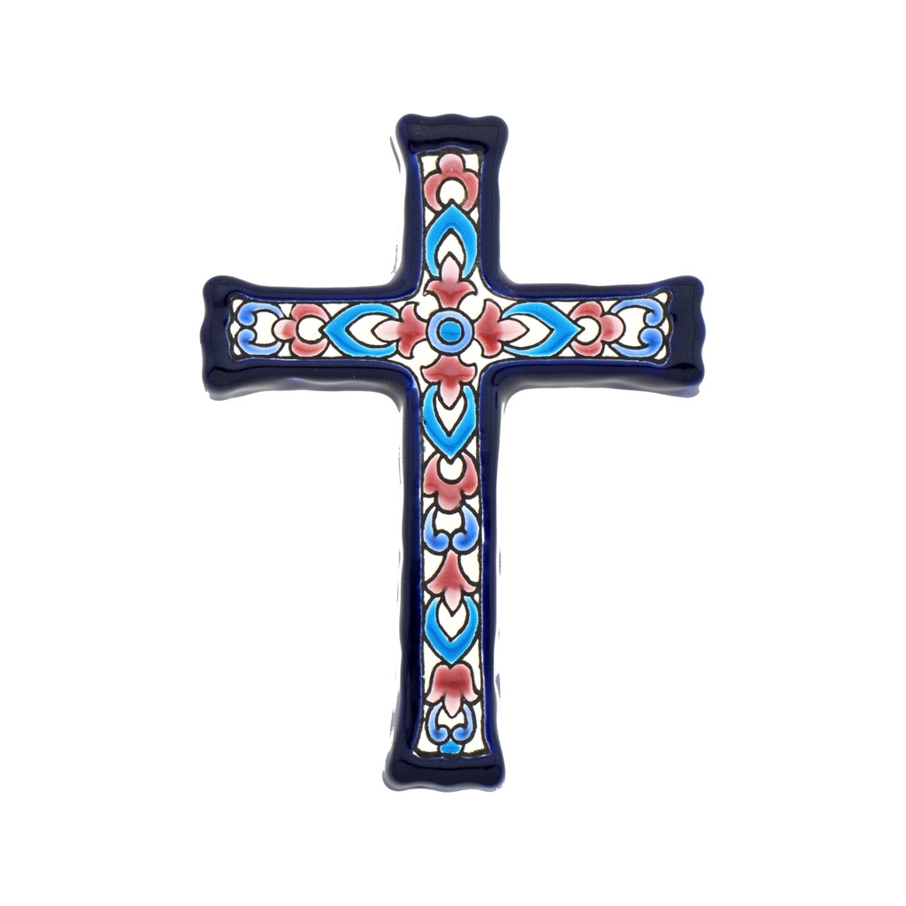 [38802] CRUZ MODELO 08 Cruz decorativa de cerámica para colgar pintada a mano con la técnica cuerda seca AZUL. 12 cm x 15,5 cm x 1,5 cm