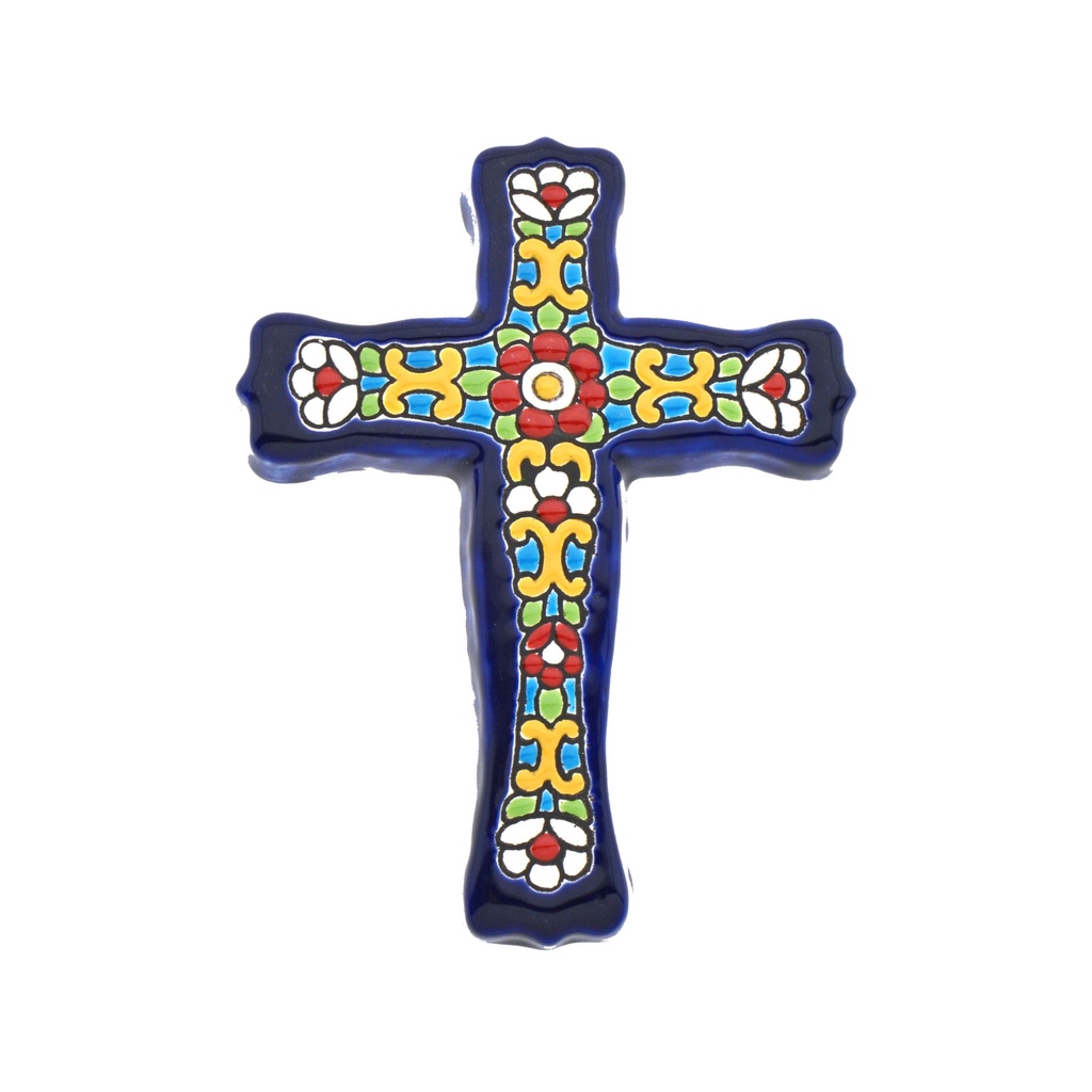 [38803] CRUZ MODELO 51 Cruz decorativa de cerámica para colgar pintada a mano con la técnica cuerda seca AZUL. 12 cm x 15,5 cm x 1,5 cm