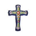 CREU MODEL 51, creu decorativa de ceràmica per a penjar pintada a mà amb la tècnica corda seca BLAU. 12 cm x 15,5 cm x 1,5 cm