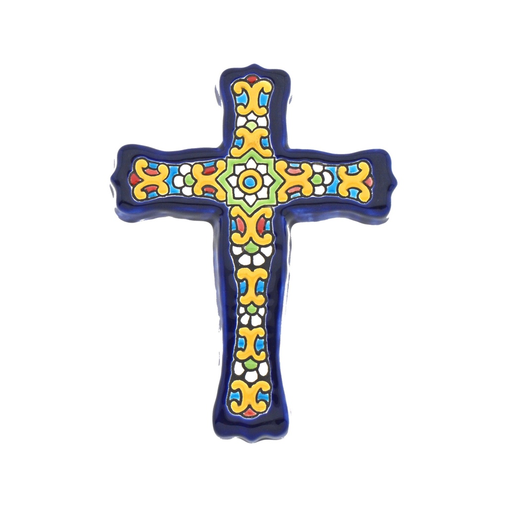 [38804] CROCE MODELLO 55, croce decorativa di ceramica da parete dipinto a mano con la tecnica "cuerda seca" BLU. 12 cm x 15,5 cm x 1,5 cm