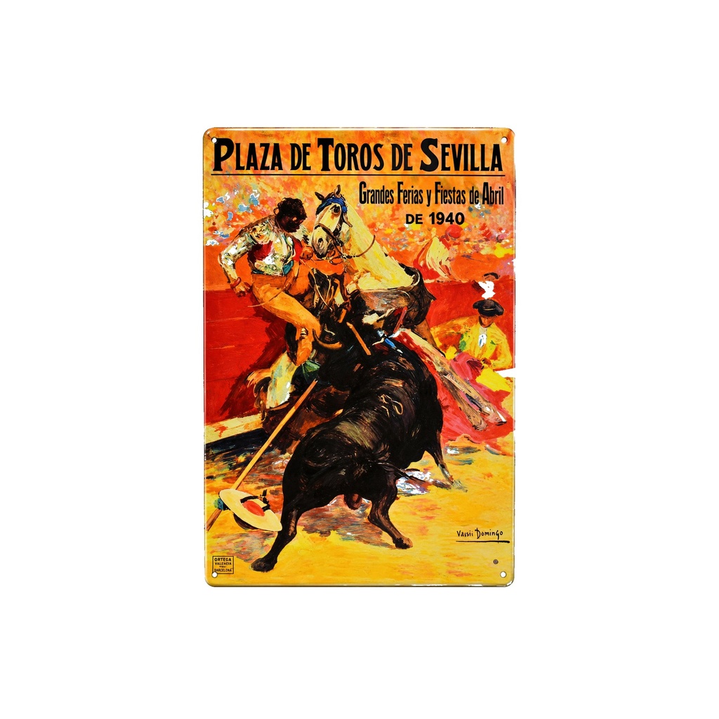 [53011] Manifesto pubblicitario costituito da una placca metallica con disegno retro vintage della Catalunia/Spagna. Tin sign. (PIAZZA DEI TORI DI SIVIGLIA 1940) (30 × 20 cm)